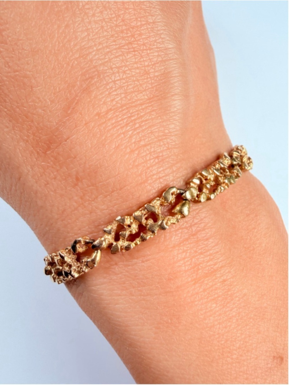 14K Solid Yellow Gold Open Link Panel Textured Nugget 5.5MM Vintage Bracelet - Picture 4 of 11